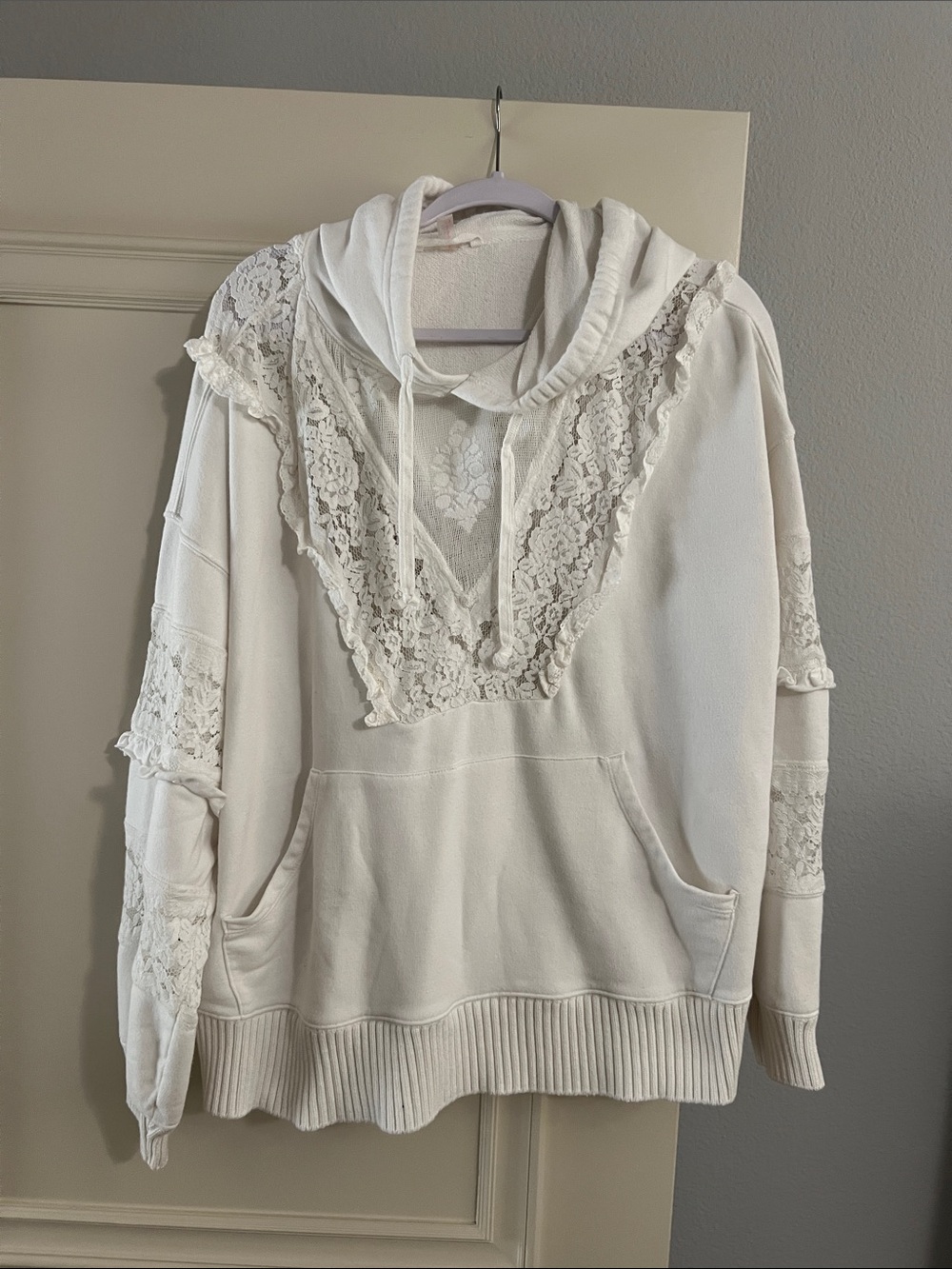 FP Movement Studio Tunic Hooded Lace Trim Ivory Sweatshirt - oversized small